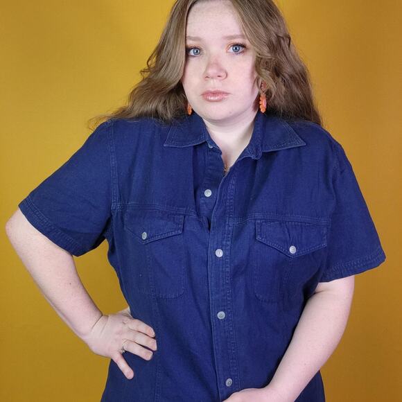 Faded Glory Navy Blue Button Up Short Sleeve Shirt, 18W - Picture 2 of 4